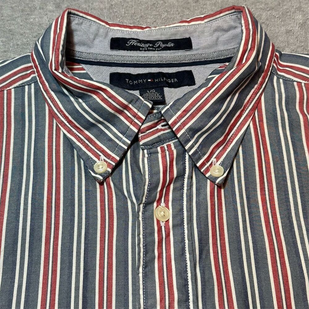 Tommy Hilfiger Vintage Men's Striped 80's Two Ply, Heritage Poplin Shirt, Large